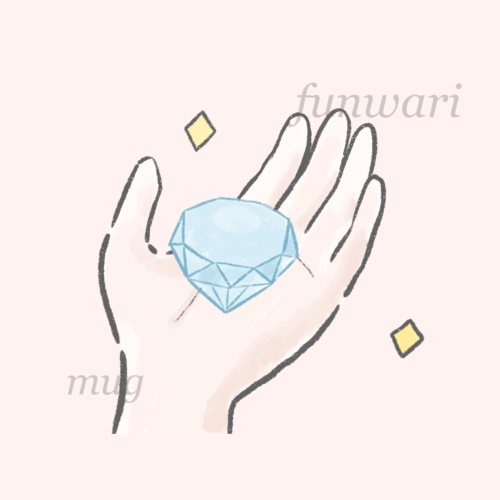 funwari mug作宝石が手に乗っているイラストです